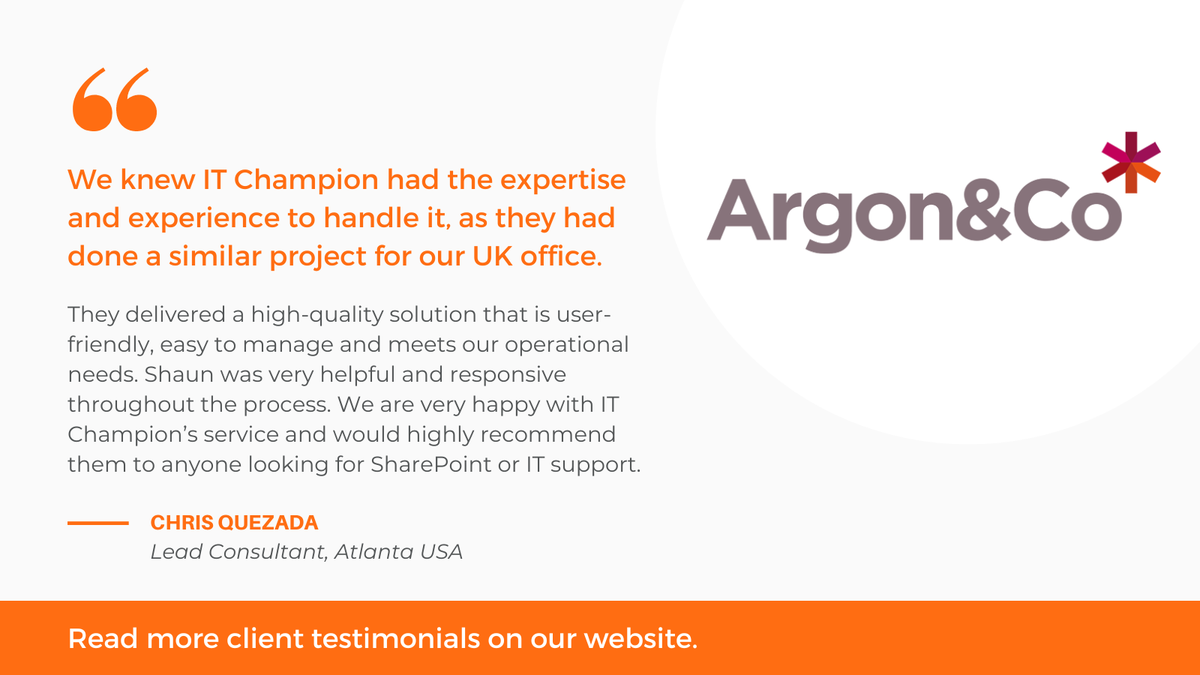 IT_Champions's tweet image. 🚀 Thrilled by Argon&Co's praise for our SharePoint solution. IT Champion team delivered again. 🌟 User-friendly, responsive, and operational excellence. See Chris Quezada's full story hubs.ly/Q02JxJh10
#SharePointSolutions #ClientTestimonial #TechSuccess #TeamITC