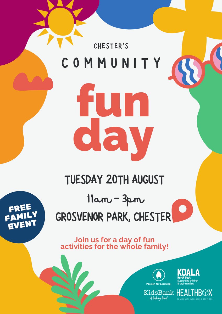📢We are attending the upcoming fun day hosted by Healthbox CIC on Tuesday 20th August at Grosvenor Park, Chester!

Come along and have fun with all the family!🥳

Our team will be available to answer any questions and let you know what courses we have coming up this September!