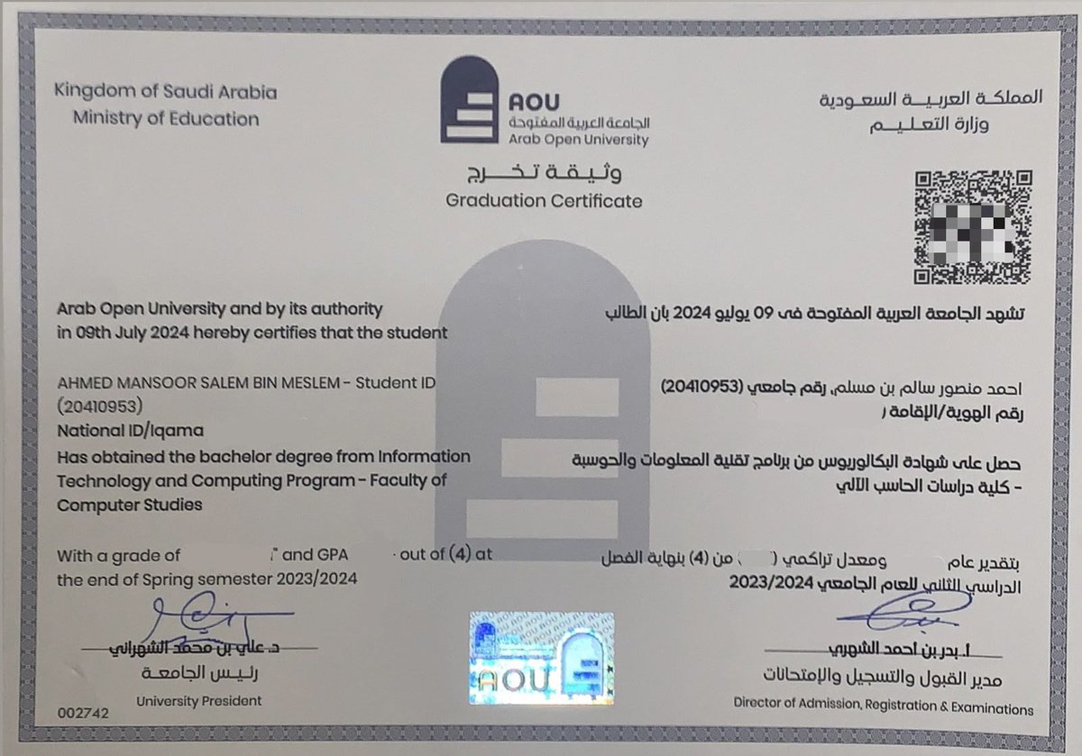 improcoder's tweet image. 🎓
﴿وَآخِرُ دَعواهُم أَنِ الحَمدُ لِلَّهِ رَبِّ العالَمينَ﴾
الحمدلله حمدًا كثيرًا طيّبًا مباركًا فيه.
الحمدلله على التوفيق والتيسير والبلوغ.
بفضل الله وتوفيقه قد أتممت مسيرتي الجامعيّة بدرجة البكالوريوس بتخصص علوم الحاسب في الجامعة العربية المفتوحة.
