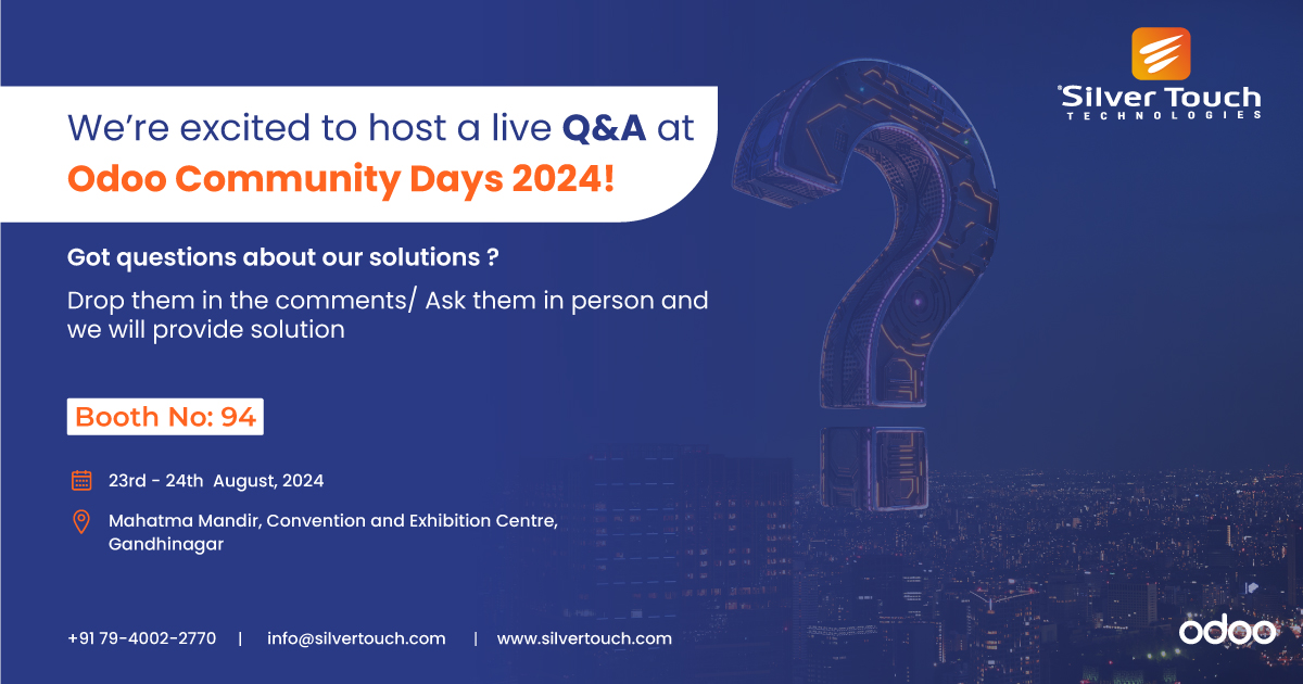 silvertouchind's tweet image. 🚀 Exciting news! We’re hosting a Live Q&amp;amp;A at #OdooCommunityDays2024! Got questions about our solutions or the event? Drop them in the comments or ask in person, and we’ll provide expert solutions for FREE! Don’t miss out! 💬 

#OdooExperts #FreeConsultation #TechSolutions
