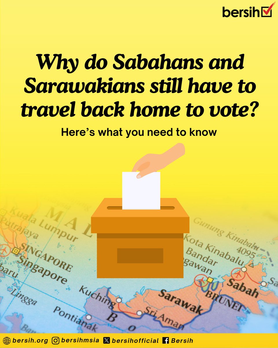 bersihofficial's tweet photo. Did you know that Sabahans and Sarawakians living in Semenanjung have to take leave and bear high travel costs to go back to their registered constituency to cast their votes? 

It’s crucial that we implement distance advanced voting, enabling voters to cast their ballots 3 days early at designated mega polling stations. 

Repost if you agree! 💯