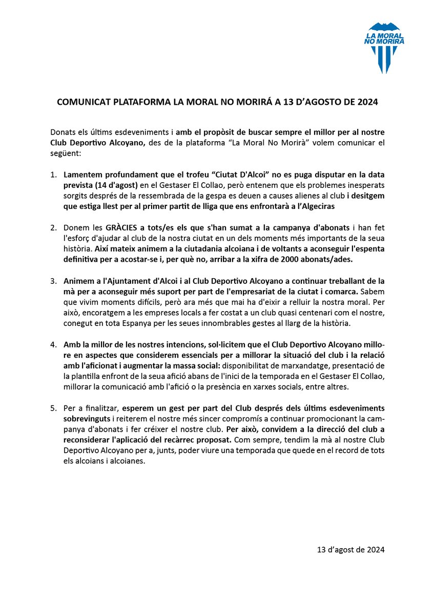 💙🤍 Comunicado de la Plataforma La Moral No Morirá a 13 de agosto de 2024 💙🤍