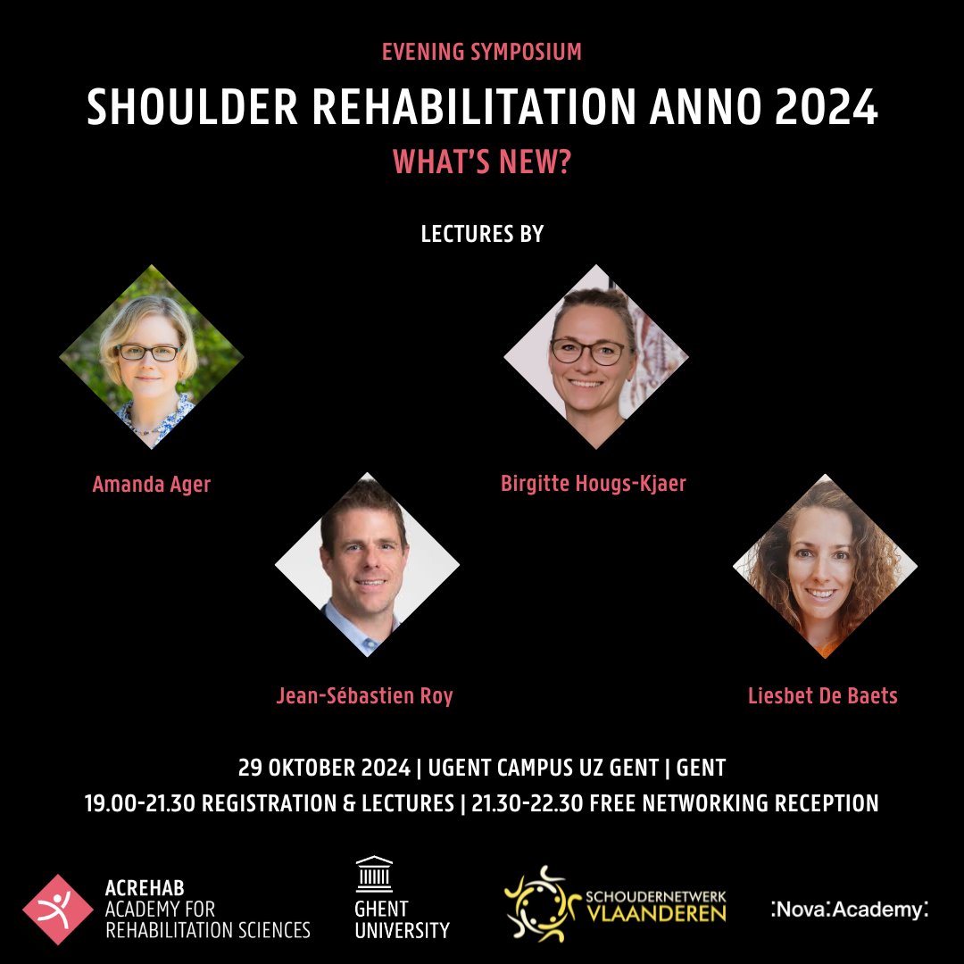 I📢 Isw met Schoudernetwerk Vlaanderen en met steun van de doctoral schools van UGent organiseert ACREHAB een avondsymposium over nieuwigheden binnen de schouderrevalidatie anno 2024 met (inter)nationale sprekers.
Deelname is gratis maar registratie verplicht via onze 🌐