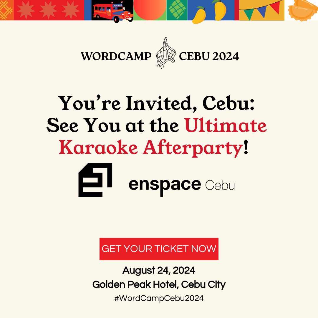 WordPressCebu's tweet photo. 𝐑𝐄𝐀𝐃𝐘 𝐅𝐎𝐑 𝐊𝐀𝐑𝐀𝐎𝐊𝐄 𝐀𝐅𝐓𝐄𝐑𝐏𝐀𝐑𝐓𝐘?

It's official, Cebu: we will have a #WordCampCebu2024 Afterparty at enspace Cebu! 🥰

Book your ticket now: https://t.co/2U1lseUzw1

#WordCampCebu #WCCebu24 #WPCebu #WordPressCebu https://t.co/Vy3D57Hovy