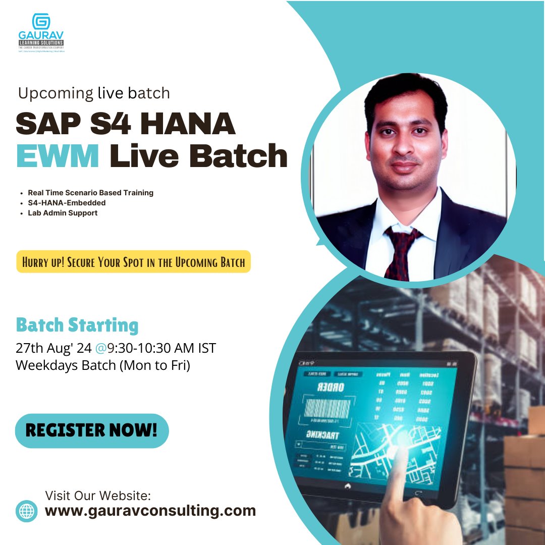 saphanacourses's tweet image. 📣 Attention all aspiring SAP EWM enthusiasts! 📣

 SAP EWM Batch is set to kick off on Aug 27th, 2024, starting at 9.30 AM IST sharp,
running every weekday (Monday to Friday) from 9.30 AM to 10.30 AM IST. 🚀

Register Today : gauravconsulting.com/product-page/s…

#SAP #SAPTraining #SAPEWM