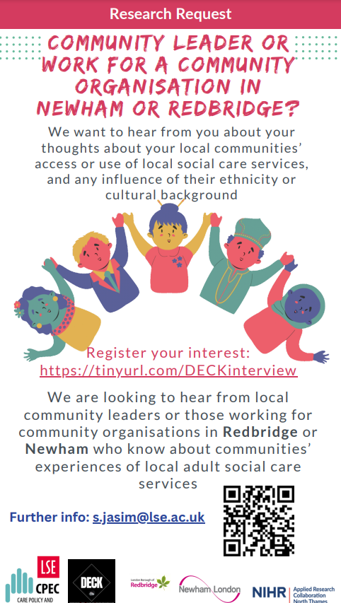 Exciting opportunity for community leaders and those with lived experience of social care in Newham or Redbridge to get involved in a research study with LSE 📒👥

The study is trying to better understand the influence of diverse cultural backgrounds and ethnicity as barriers to