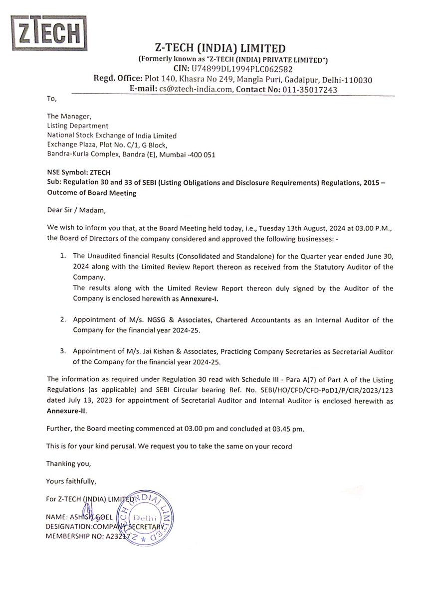 nileshkurhade's tweet image. 📌 ZTech (India) Limited informed the exchange about the review reports of its unaudited financial results for the quarter ended June 30, 2024. #SME #ZTECH 📊📈

Consolidated Financial Results (unaudited)

QoQ Q1FY25 vs Q4FY24
 - Revenue Down 26.73% At ₹1,624.06 lakhs Vs
