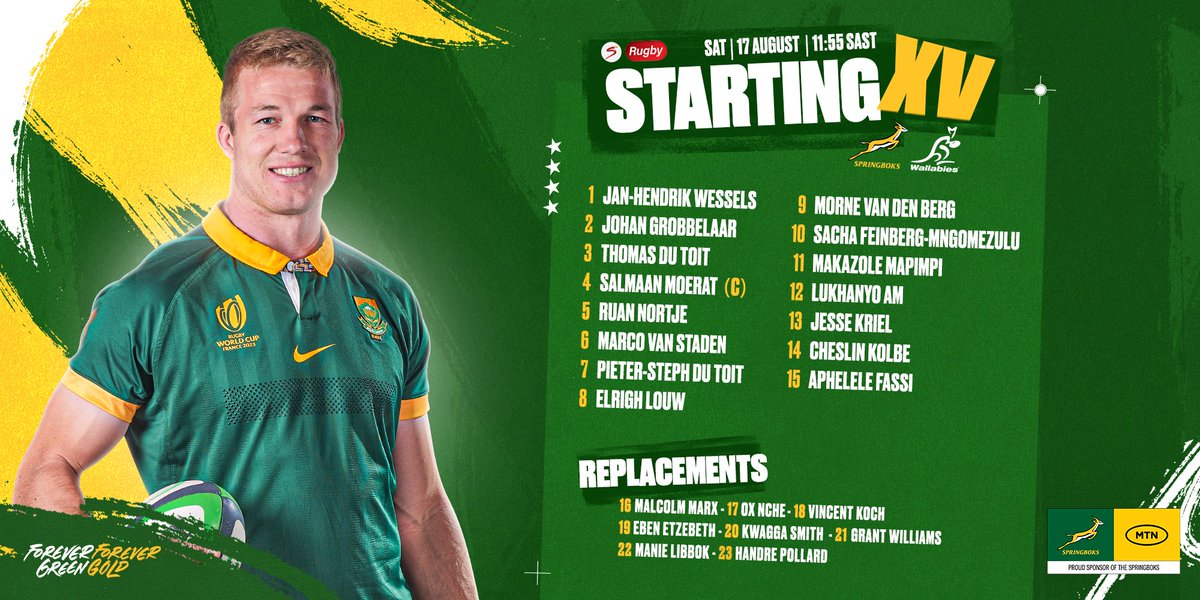 Springboks's tweet photo. Ten changes and a new captain for the #Springboks second Test down under in Perth on Saturday - more here: https://t.co/Rk90MxlTSo 💥
#ForeverGreenForeverGold https://t.co/nxSdvXOpDB