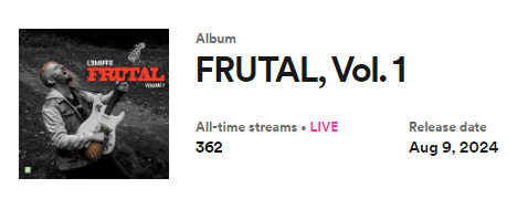 More important than the 362 streams is the 15 playlists you added me to, and the 20 saves (on Spotify alone), as well as 3 album purchases on my website... 🙇‍♂️ thanks everyone for your support! If you haven't listened to FRUTAL you can check it out at lemiffe.com/frutal