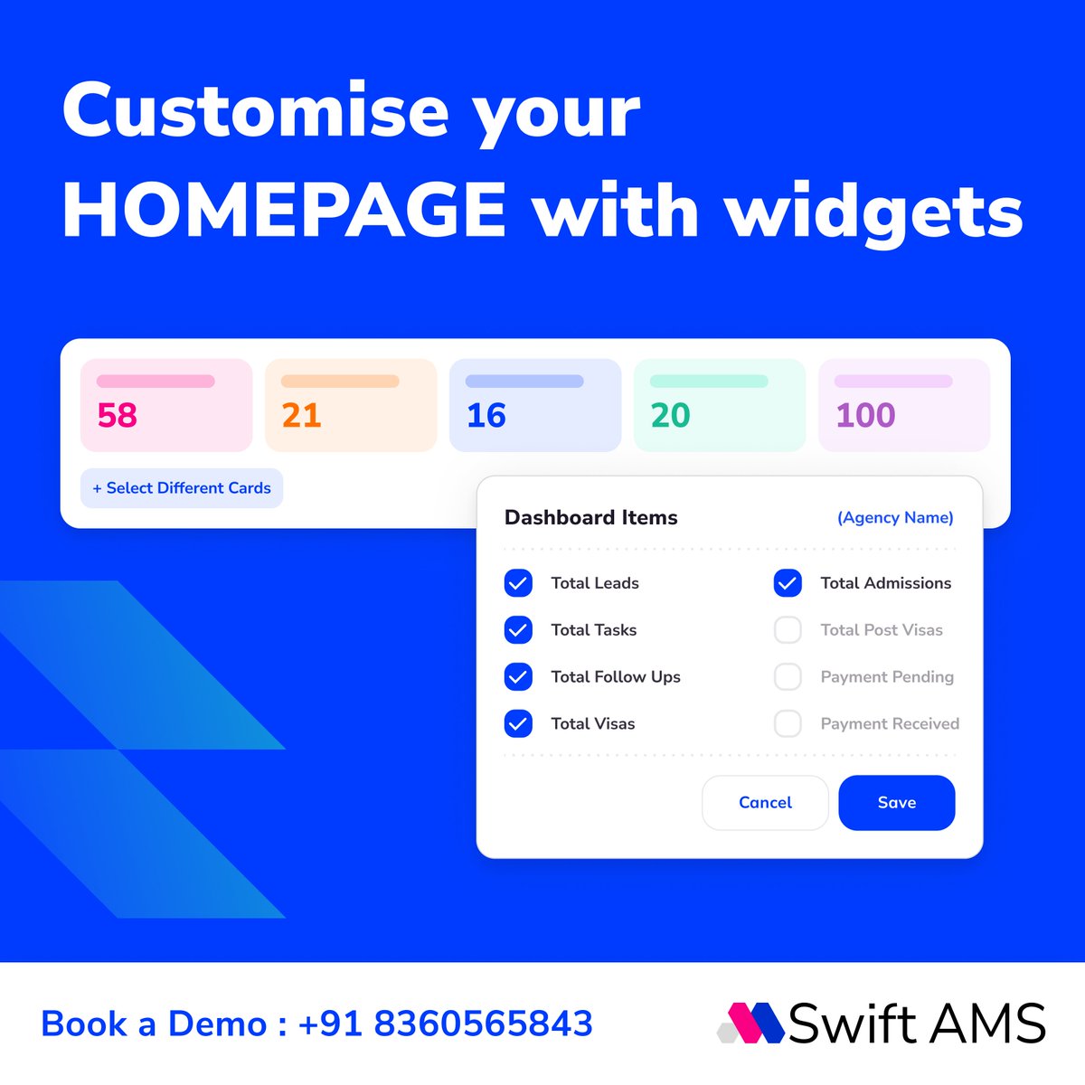 swift__ams's tweet image. Elevate your workflow with custom widgets and cards on your homepage. Choose from 7 different cards as per your permission level

#SwiftAMS #CustomWidgets #PersonalizedDashboard #ProductivityBoost #Efficiency #Customization #TechInnovation #SaaS #Workflow #BusinessTools