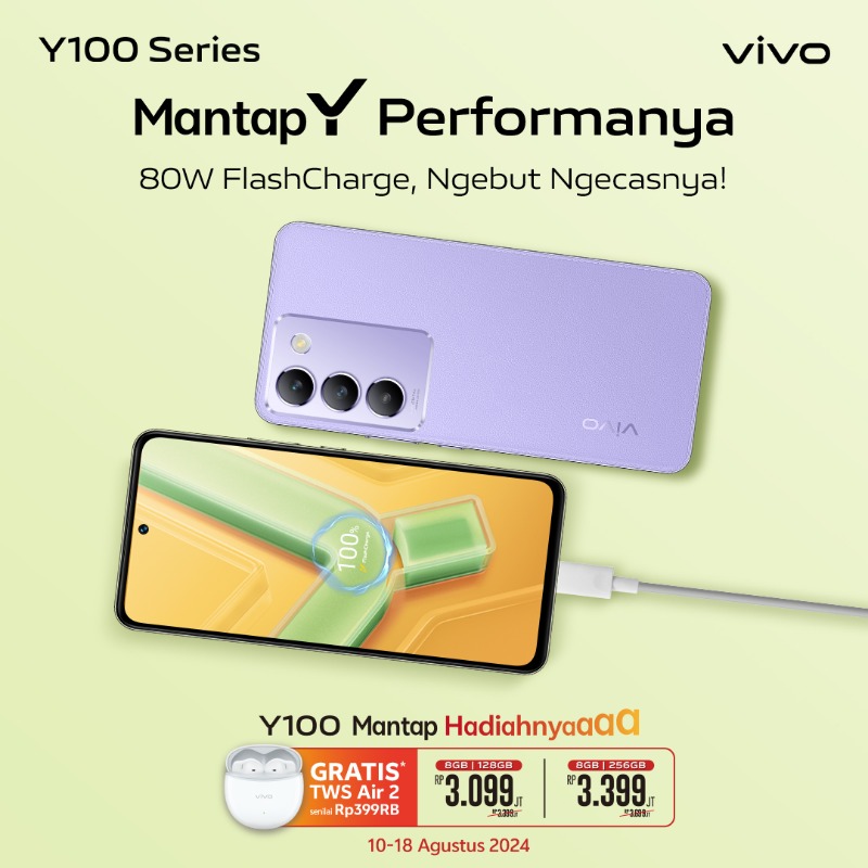 vivo_indonesia's tweet photo. Ngecas secepat kilat dengan 80W FlashCharge di #vivoY100 ⚡🔋

Nikmati #MerdekaPromo, ada GRATIS vivo TWS Air2 setiap pembelian #vivoY100 lho! 

Mantap performanya, #MantapHadiahnya!