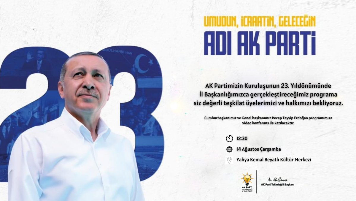 AK Partimizin Kuruluşunun 23. Yıldönümünde
İl Başkanlığımızca gerçekleştireceğimiz programa
siz değerli teşkilat üyelerimizi ve halkımızı bekliyoruz.