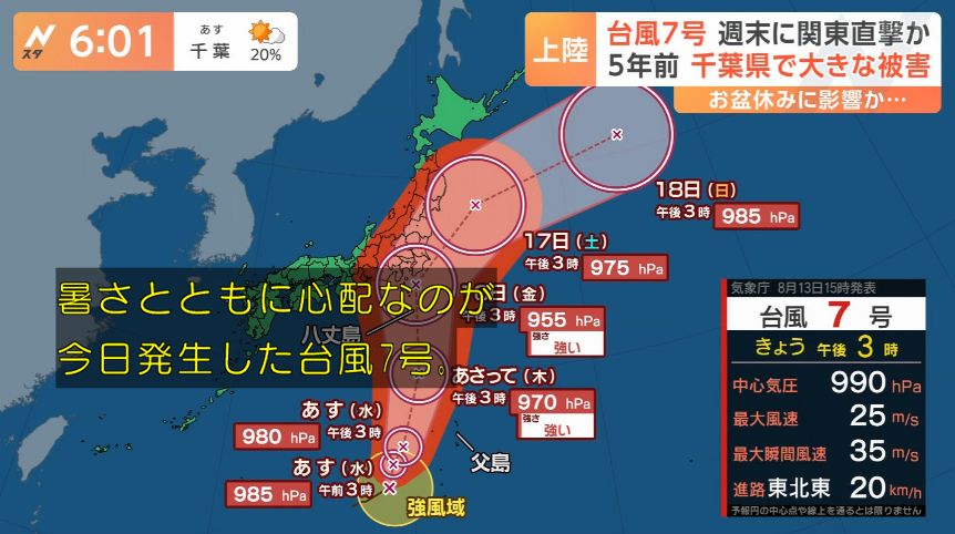 yuruhuwa_kdenpa's tweet image. 関東に接近しつつある台風7号
予報では955hPa
これは令和元年房総半島台風と同じレベル
千葉県では強風などの影響で大規模な停電が発生してエアコンが使用できず熱中症で死者も相次いだ
今この気温で停電はマジで命に関わるから電気の確保できる避難先か寝床を確保しておきたい