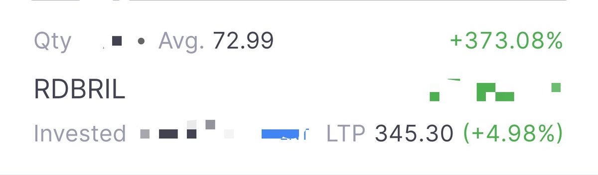 tradingwithps's tweet photo. #RDBRIL
(300% clubπ)
73 to 345πππ
5% upper circuit today π«Άπ«Ά
Running profit 373% ππ
Holding days 233 days
Disc : holding from 73 level
Not a recommendation for buy or sell
#microcap #MULTIBAGGER #LONGTERM https://t.co/8bhJRCD7Ly