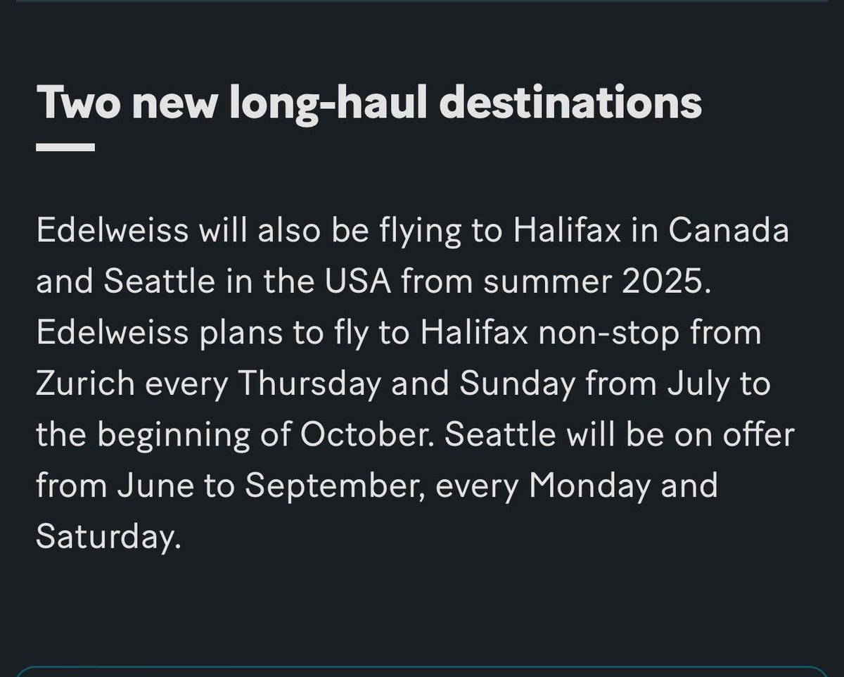 This is what happens when the NS prov govt invests $30 million into paying for new flights. Direct flights from Zurich to Halifax starting in 2025. Already direct from Frankfurt, London, Glasgow Dublin. With this funding St. John’s YYT doesn’t stand a chance.
