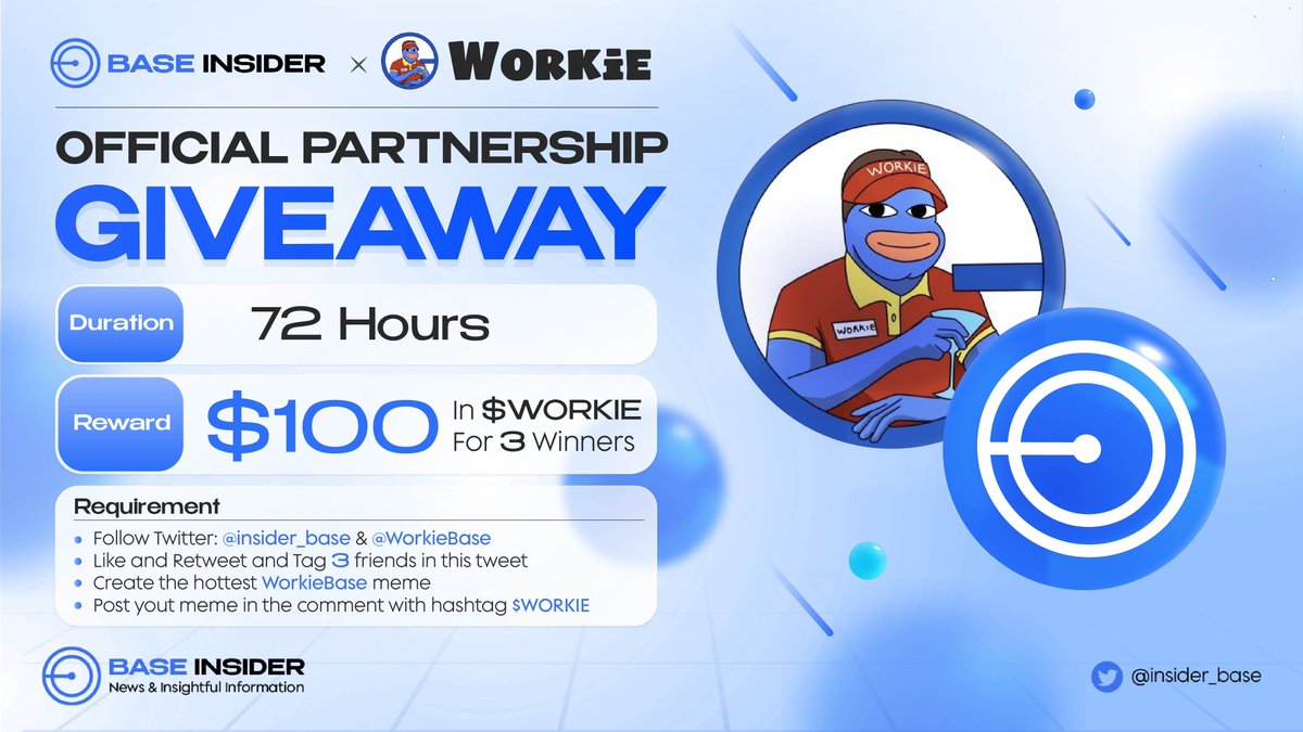 🎉 We're thrilled to host a giveaway event with #Workie, the official mascot of the workers on <a href="/base/">Base</a> 🎉

Prizes

🥇 $50 $WORKIE
🥈 $30 $WORKIE
🥉 $20 $WORKIE

Rules:
- Follow <a href="/WorkieBase/">Workie</a> &amp; <a href="/insider_base/">Base Insider 🛡️</a> 
- Like + RT + Tag 3 Friends
- Create the hottest (at) #WorkieBase meme
-