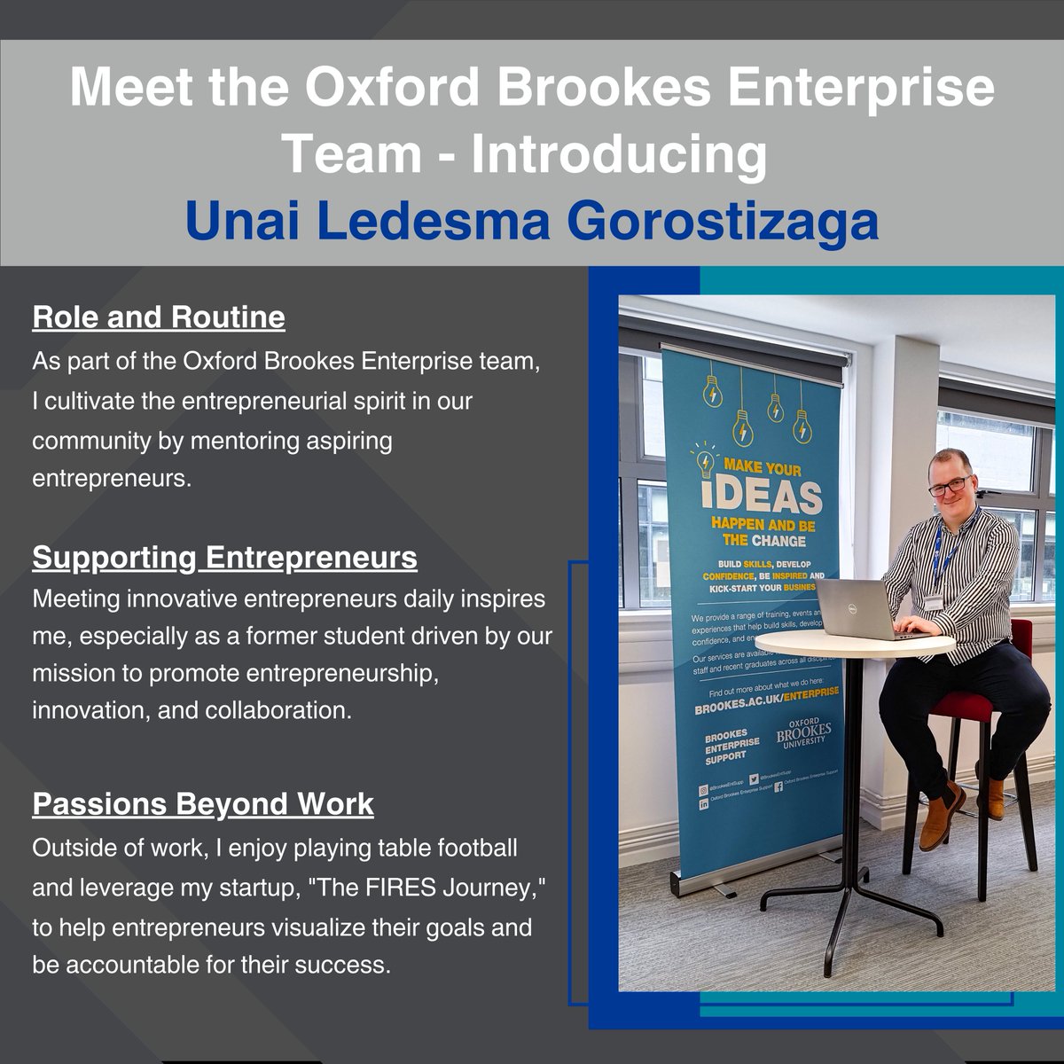Today, our "Meet the Brookes Enterprise Team" series continues with an introduction to our amazing team member, Unai Ledesma Gorostizaga! 🌟

Learn about the people at <a href="/brookesENTSUPP/">Enterprise Support</a> who are passionate about fostering innovation and supporting entrepreneurship.