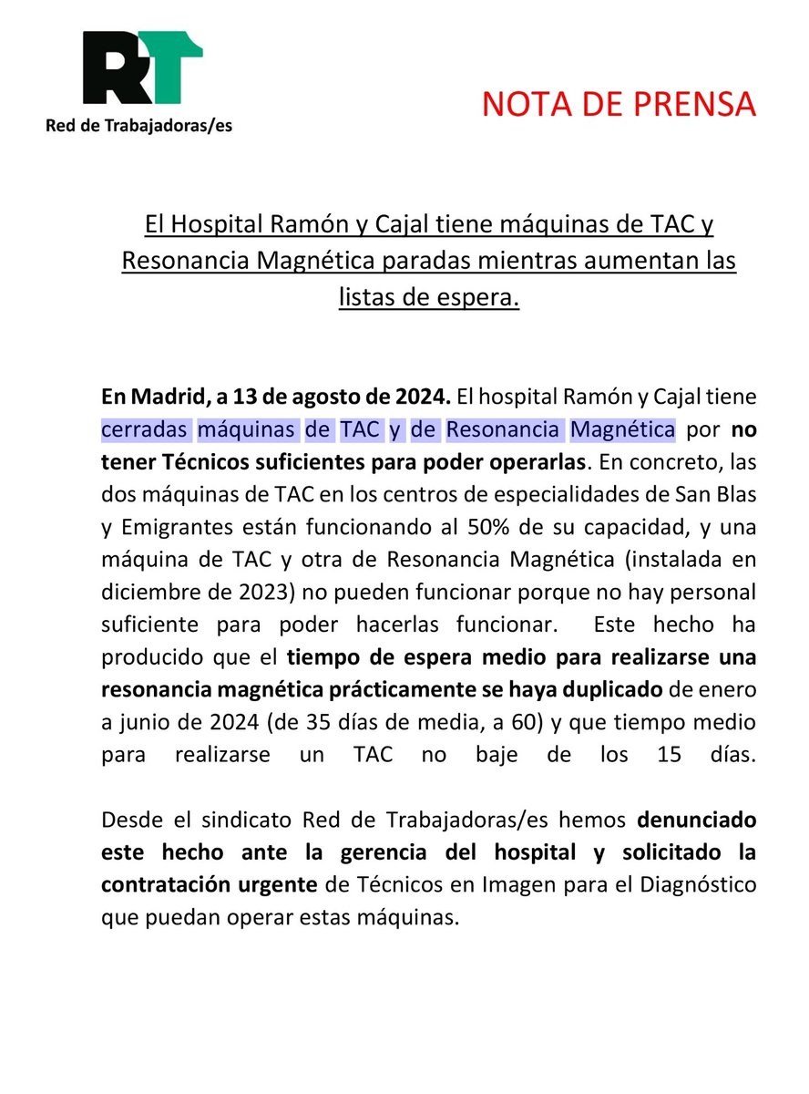 Denunciamos la falta de Técnicos en imagen para el diagnóstico que provoca el aumento de la lista de espera para realizarse un TAC o una resonancia Magnética en el Hospital Ramón y Cajal.  <a href="/ComunidadMadrid/">Comunidad de Madrid</a> <a href="/sextaNoticias/">laSexta Noticias</a> <a href="/La_SER/">Cadena SER</a> <a href="/rtvenoticias/">RTVE Noticias</a> <a href="/informativost5/">Informativos Telecinco</a> <a href="/JesusCintora/">Jesús Cintora</a>