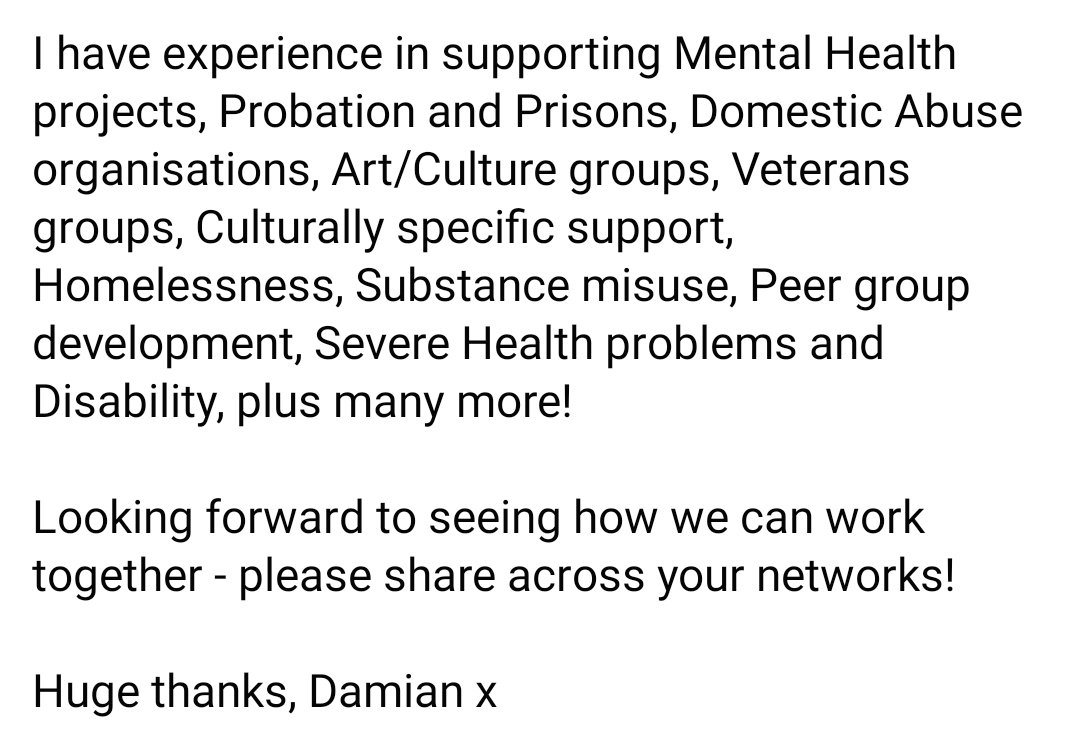 Damian Carr (@randomdruid) on Twitter photo ➡️ I'm available for work ⬅️
If you are starting out as a Community group or a well established Social Enterprise/Charity I can help you and your Organisation develop.
Start ups, Governance, Policy, Funding grants - £5k to £500k, Project Development, Arts..
Give me a shout! x ➡️ I'm available for work ⬅️
If you are starting out as a Community group or a well established Social Enterprise/Charity I can help you and your Organisation develop.
Start ups, Governance, Policy, Funding grants - £5k to £500k, Project Development, Arts..
Give me a shout! x