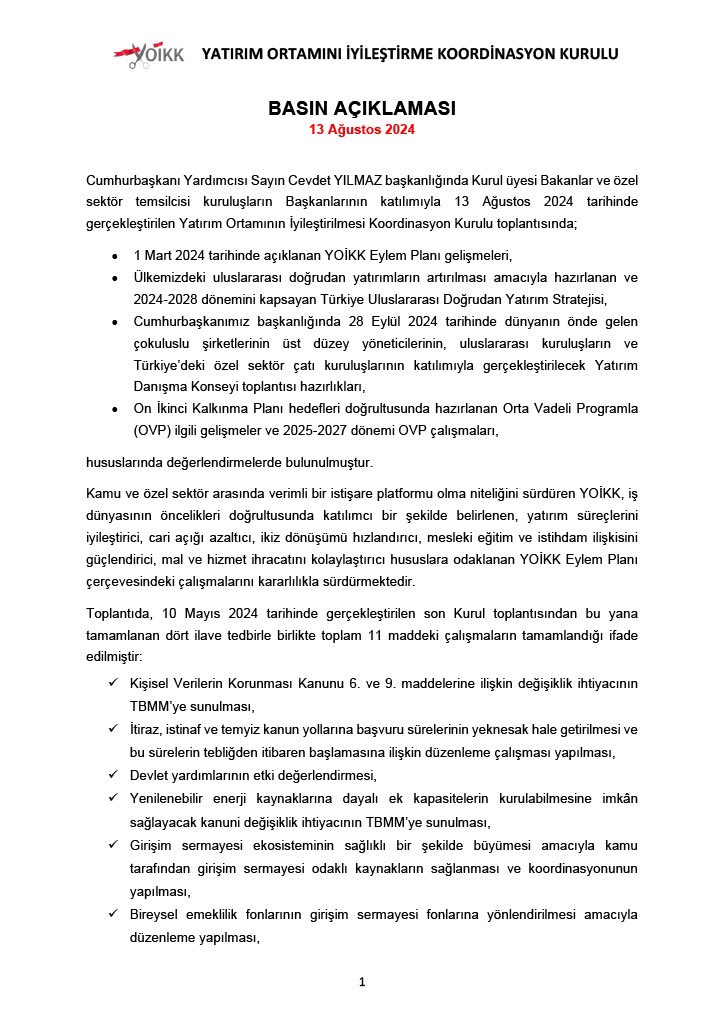_cevdetyilmaz's tweet photo. Yatırım Ortamını İyileştirme Koordinasyon Kurulu (YOİKK) toplantımızı, ilgili bakanlarımız, kurumlarımız ve özel sektör temsilcilerimizin geniş katılımı ile gerçekleştirdik. 

Bugünkü toplantımızda;  

•1 Mart 2024 tarihinde açıklanan YOİKK Eylem Planı gelişmeleri,

•Ülkemizdeki uluslararası doğrudan yatırımların artırılması amacıyla hazırlanan ve 2024-2028 dönemini kapsayan Türkiye Uluslararası Doğrudan Yatırım Stratejisi,

•Cumhurbaşkanımız Sayın @RTErdogan başkanlığında 28 Eylül 2024 tarihinde dünyanın önde gelen çokuluslu şirketlerinin üst düzey yöneticilerinin, uluslararası kuruluşların ve Türkiye’deki özel sektör çatı kuruluşlarının katılımıyla gerçekleştirilecek Yatırım Danışma Konseyi toplantısı hazırlıkları,

•On İkinci Kalkınma Planı hedefleri doğrultusunda hazırlanan Orta Vadeli Program’la (OVP) ilgili gelişmeler ve 2025-2027 dönemi OVP çalışmaları hususlarında değerlendirmelerde bulunulmuştur. 

Toplantımızın ve alınan kararların hayırlara vesile olmasını diliyor, kurul çalışmalarına katkı veren başta kurul üyelerimiz olmak üzere, kamu kurumlarımız, sivil toplum kuruluşları ve özel sektör temsilcilerine teşekkürlerimi sunuyorum.