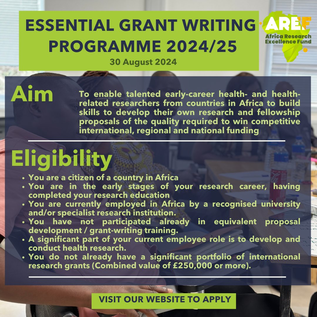 Africa Research Excellence Fund (@aref_africa) on Twitter photo #GrantWriting Programme Opportunity
🔍 Check out the eligibility criteria below and on the website to see if you qualify.
🔗 Apply here: bit.ly/4dx0zKM
📅Deadline: 30 August 2024 #GrantWriting Programme Opportunity
🔍 Check out the eligibility criteria below and on the website to see if you qualify.
🔗 Apply here: bit.ly/4dx0zKM
📅Deadline: 30 August 2024