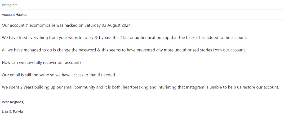 Ecomomics_ie's tweet photo. So we are still struggling to get Instagram to restore our @ecomomics_ie page after being hacked on Saturday.
If anyone knows any other way of contacting Instagram, please email us. https://t.co/NQrFKgXnKN