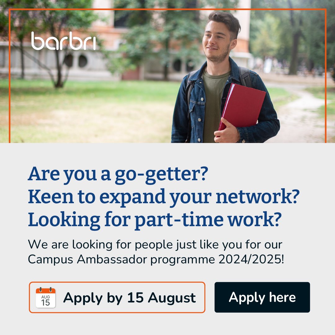 UniofGalwayLaw's tweet image. Final few days to apply to BARBRI’s Campus Ambassador programme 2024/2025. Are you go-getter interested in law? This is just the perfect part-time opportunity for you.

Apply by 15 August here: hubs.ly/Q02JxKyT0

#UniversityOfGalway #ForYouForTomorrow #GalwayLaw 

@barbri