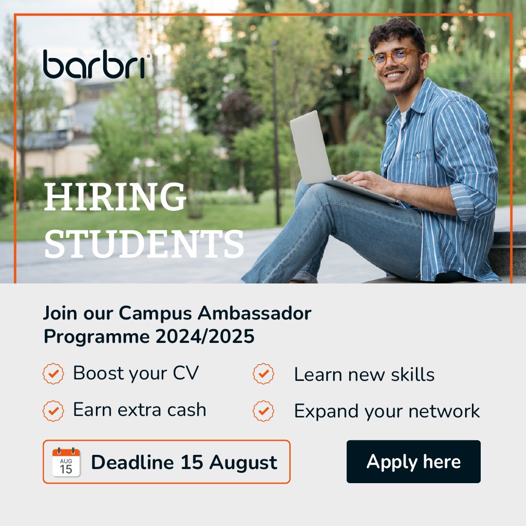 UniofGalwayLaw's tweet image. Final few days to apply to BARBRI’s Campus Ambassador programme 2024/2025. Are you go-getter interested in law? This is just the perfect part-time opportunity for you.

Apply by 15 August here: hubs.ly/Q02JxKyT0

#UniversityOfGalway #ForYouForTomorrow #GalwayLaw 

@barbri