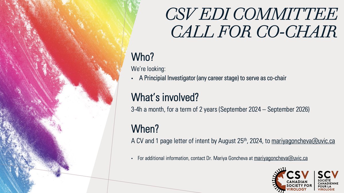 Are you interested in increasing equity, diversity and inclusion within CSV? The CSV EDI committee is looking for a PI to serve as a co-chair from Sept 2024-2026! If you are interested, please apply by Aug 25th. Details are posted below. #lovevirology