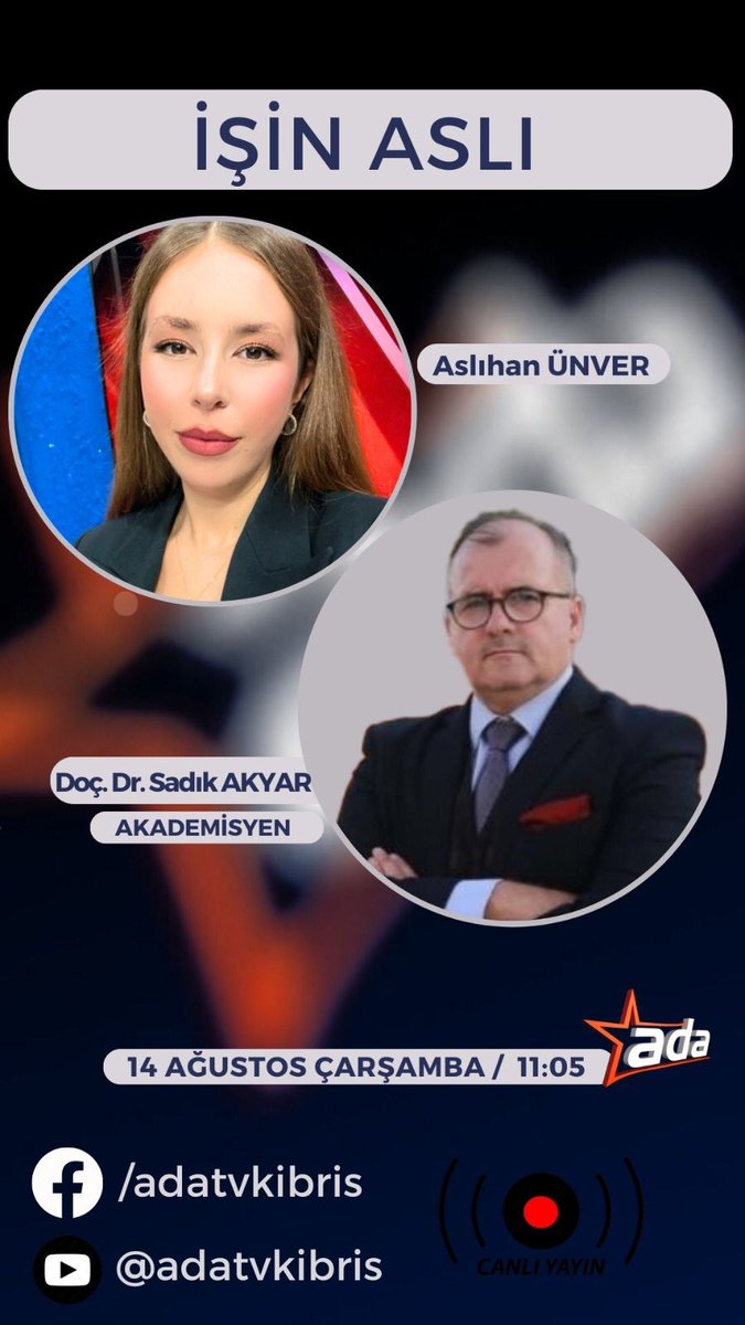 Yarın (14 Aug) 11;00’’de  <a href="/AdaTV_Kibris/">Ada TV Kıbrıs</a>’da  Sn. <a href="/asliaunver06/">asliaunver06</a> ile  uluslararası gündemi ve Orta Doğu’daki gelişmeleri değerlendireceğiz . Bilginize.<a href="/girneamerican/">Girne American Uni</a> <a href="/GauMedia/">GAU Media</a> <a href="/akpinar_serhat/">Serhat AKPINAR</a> <a href="/hasanunal1920/">Prof. Dr. Hasan Ünal</a> <a href="/HakanAridemir/">Hakan Arıdemir</a> <a href="/tesamtr/">TESAM</a> <a href="/tuicakademi/">TUİÇ Akademi</a> <a href="/TurgutluYanki/">Yankı Gazetesi</a> <a href="/GokhanIslim/">Yedek hesap</a> <a href="/l_sohrab/">Söhrab İsmayıl</a>