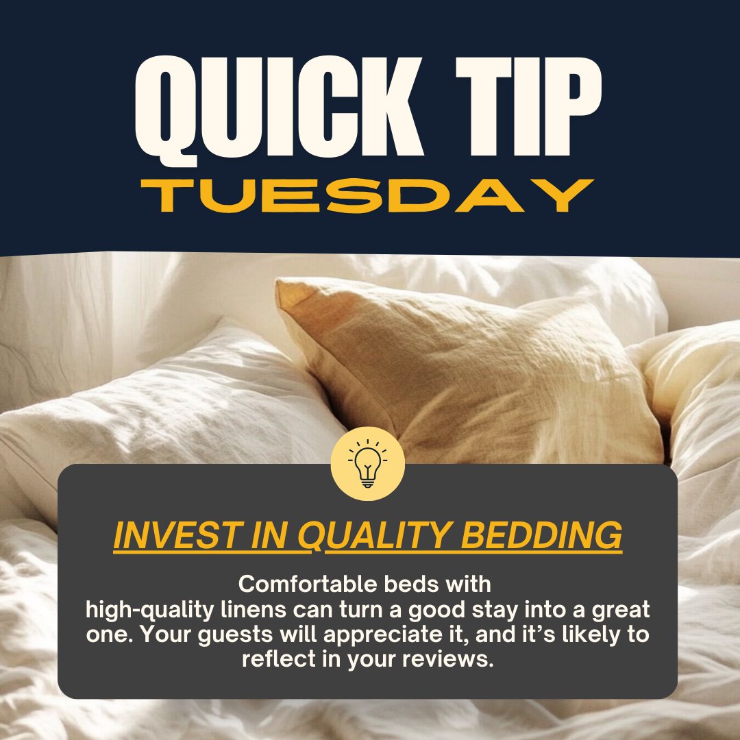 ProperIns's tweet image. 💡 **Quick Tip Tuesday** 💡

Want to elevate your hosting game? Comfortable beds with high-quality linens can make all the difference. Not only will your guests appreciate the extra comfort, but you might just see it mentioned in your reviews! 🌟🛏️

#HostingTips #QuickTipTuesday…