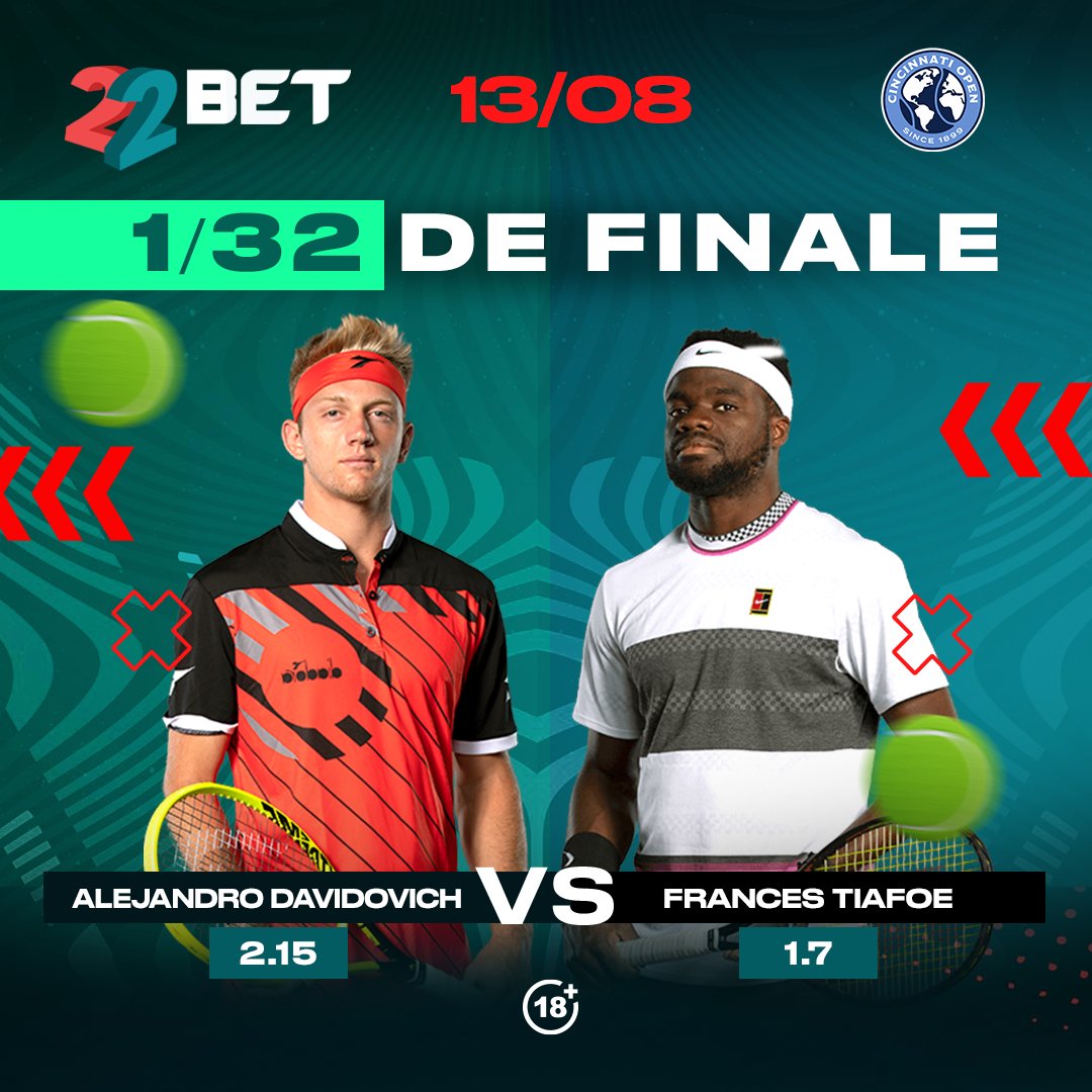 22betcameroon's tweet image. Frances #Tiafoe et Alejandro #Davidovich Fokina s'affronteront au premier tour du Western &amp;amp; Southern Open. 🎾

Pariez ici 👉🏾 bit.ly/3ytnqbh

#WesternAndSouthernOpen #Tennis #22Bet #switchto22bet