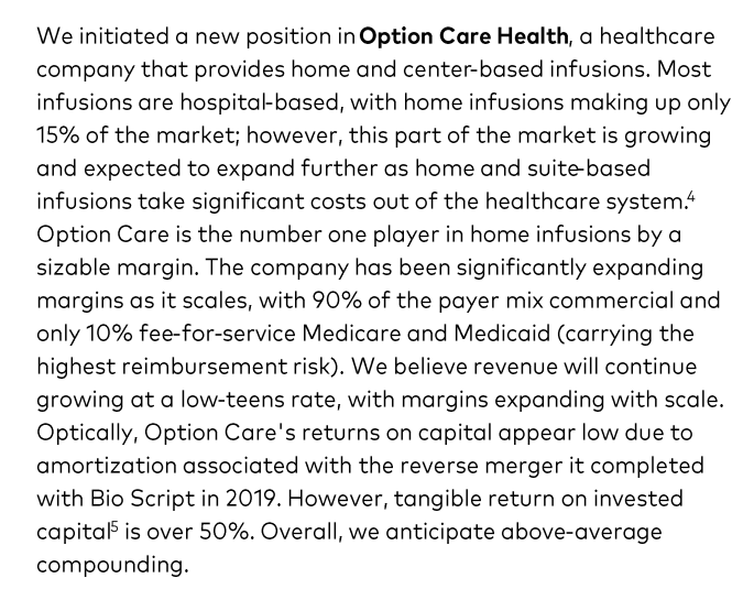 Polen Capital on Option Care Health $OPCH US

Thesis: Option Care Health leads the growing home infusion market, promising strong revenue growth and high returns on invested capital

(Extract from their Q2 letter)