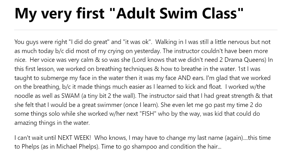 LaticiaD's tweet photo. My very 1st adult #SwimClass 13yrs ago! https://t.co/Ec5Kay2l0R