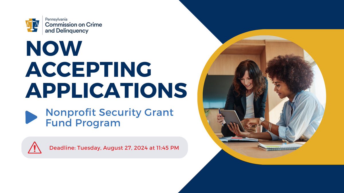 PaCrimeComm's tweet image. Attention PA nonprofits! 🚨 The PCCD is accepting applications for the Nonprofit Security Grant Fund. Enhance your safety—apply by August 27th! 🛡️ Visit bit.ly/4dDWPao to get started! #NonprofitSecurity #GrantOpportunity #PAGrants