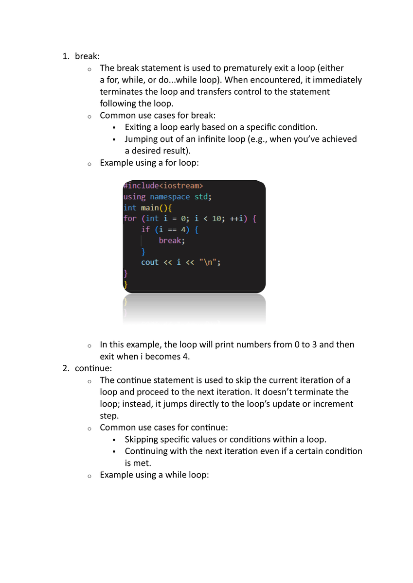 TechHarshal's tweet image. 📚 Day 10 of Learning C++ Programming Language 💻
 Today’s Highlights: [Break/continue]

What I Learned:
 - Break statement
 - Continue statement
 - statements use in loops

Next Steps:
[Arrays]

Today&apos;s notes are given
#day10 #programminglanguage #codinglife #Cpp #twitter