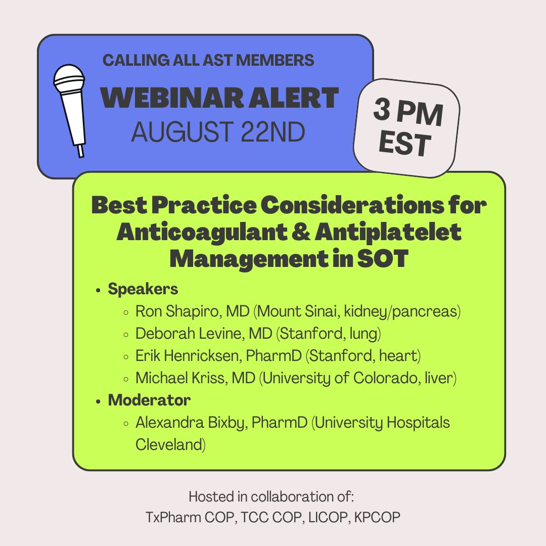 Mark your calendars for this upcoming webinar coordinated by AST TxPharm COP in collaboration with TCC COP, LICOP, and KPCOP! All AST members are welcome.

Register here:
us06web.zoom.us/webinar/regist…