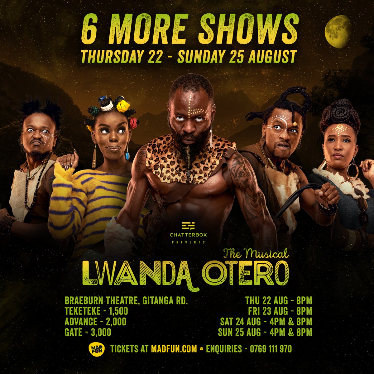 AND WE ARE BACK!!

#LwandaOtero returns to stage with 6 more shows on the weekend of Thursday 22 Aug - Sunday 25 Aug. Yessir! The vibes return. As usual, we gat your back with the Teketeke tickets at only 1500. madfun.com/event/lwandaot… #SihatiLwanda