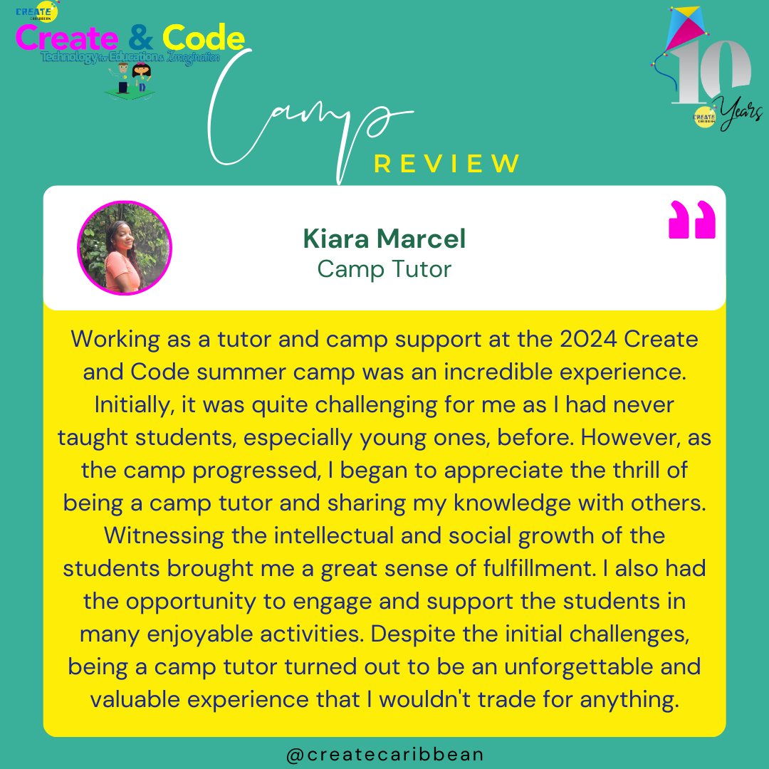 CreateCaribbean's tweet photo. 🌟 Exciting News! 🌟 Today, we're sharing a special moment from Kiara Marcel's experience at Create and Code Camp, but this time, not as a camper! 💻🌱

 #CreateCaribbean #CreateAndCode #FirstExperience #Inspiration #TechJourney https://t.co/5VaC82IjrE