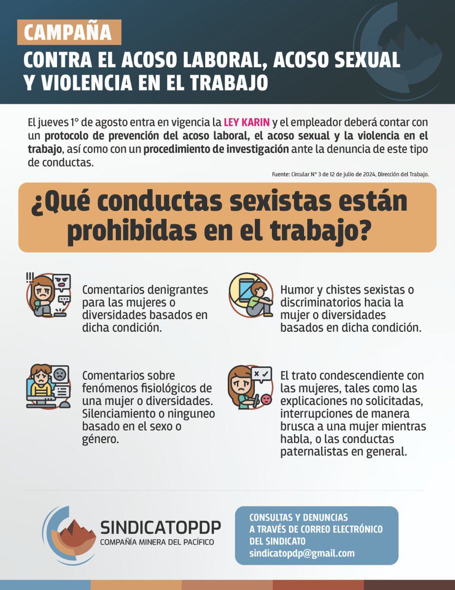 🚩 [CAMPAÑA] Ley Karin: Conoce qué conductas sexistas podrían presentarse  en los espacios de trabajo. 

Comparte y ayuda a su difusión con tus equipos de trabajo.

Revisa la campaña completa en sindicatopdp.cl/2024/08/08/cam…