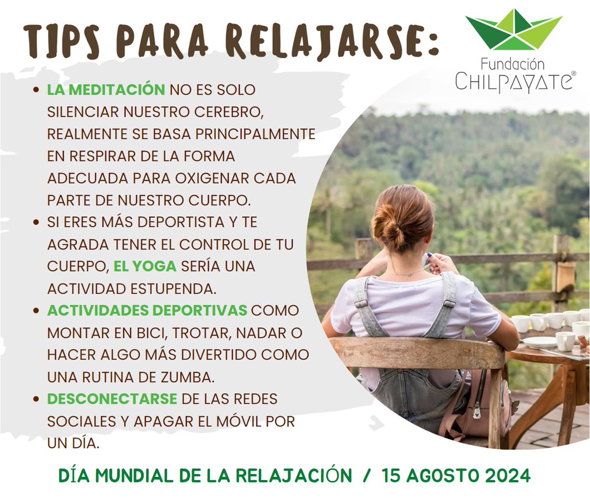 FundChilpayate's tweet photo. Es bien sabido #chilpayates💚 que el descanso🛌 que le brindemos a nuestro cuerpo💪🏻 y sobre todo a la mente🧠, nos permite reordenar las funciones👍🏻 y procesos biológicos😴 que nuestro organismo necesita😉.
#DíaMundialDeLaRelajación 🧘♀️ #TipsChilpayates💡 https://t.co/817A983Tb9