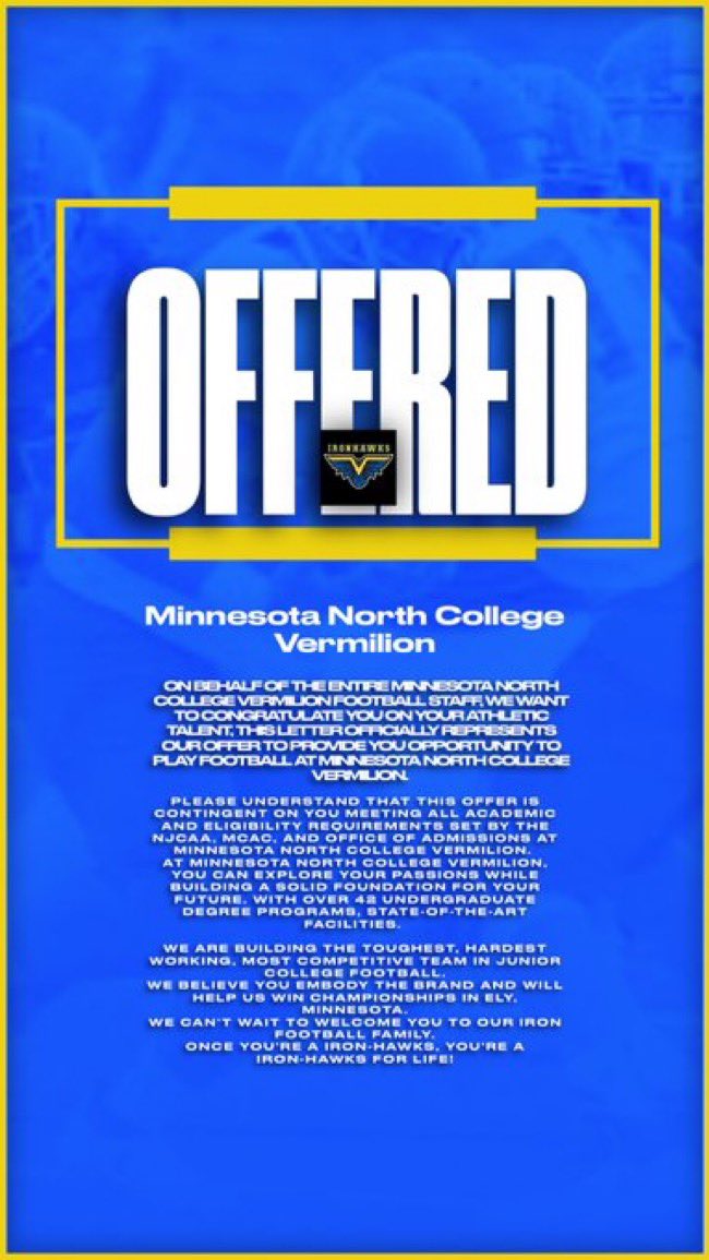 G9Williams's tweet photo. Blessed to receive my 3rd Offer from @MNVermilionAthl Thank you to @coachbusby22 for the opportunity!! @RecruitFayNC @SouthViewFB @BmanMccormick https://t.co/JYPMoVTEil