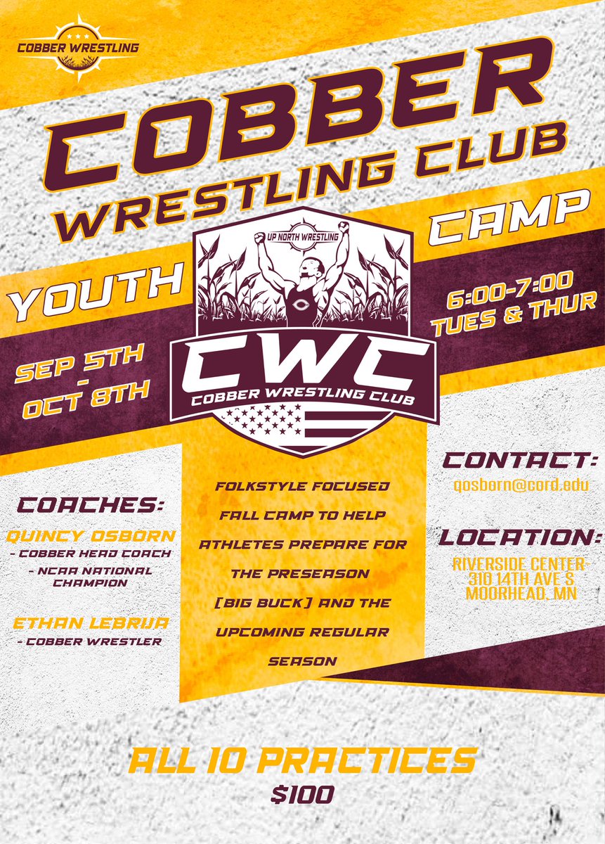 CWC is back with fall offerings! 
Elite Sessions - train with college coaches/wrestlers! 
Purchasing the full 10 practices includes FREE admission &amp; coaching at Big Buck Nationals!

Youth sessions - lead by Cobber HC Quincy Osborn - focus is wrestling skills, body control, &amp; fun!