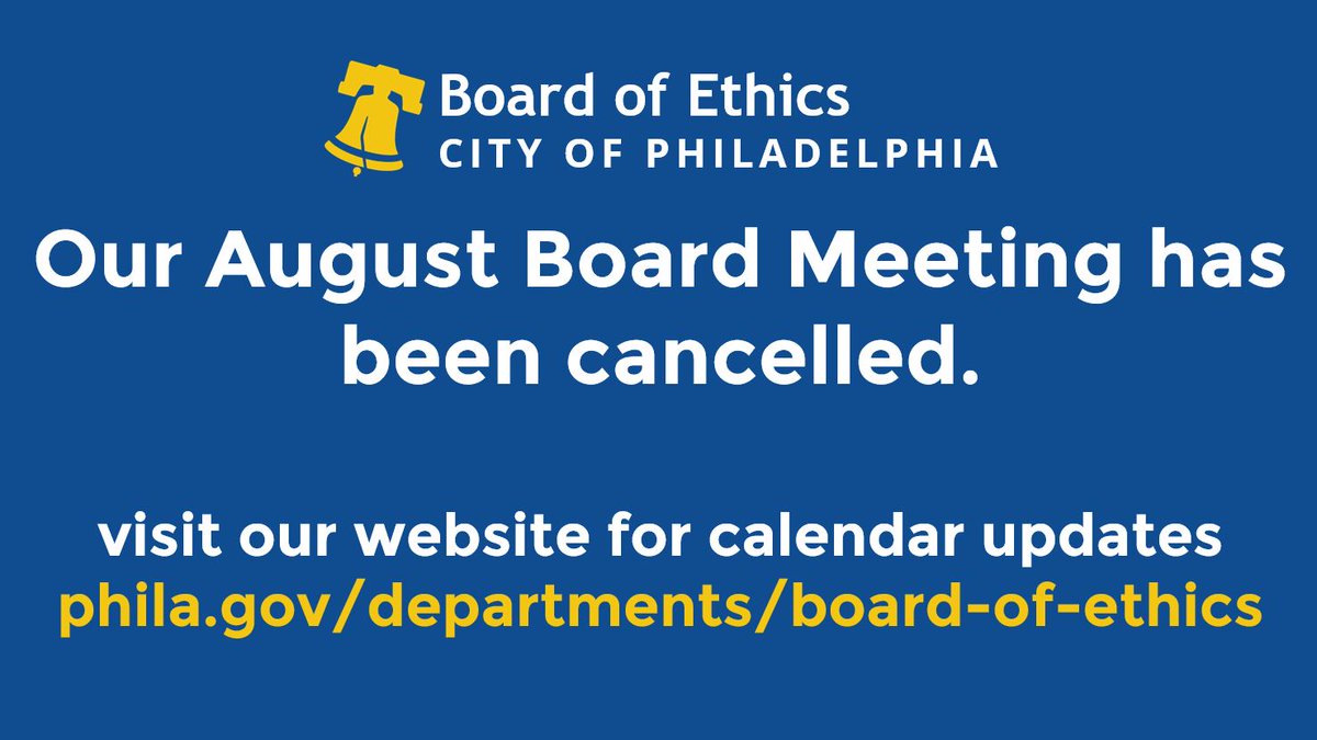The Board has cancelled the Public Meeting scheduled for next Wednesday, August 21.   Our next meeting will be September 18, 2024 @ 1pm.  Our updated meeting calendar is on our website: ethics.pub/agenda
