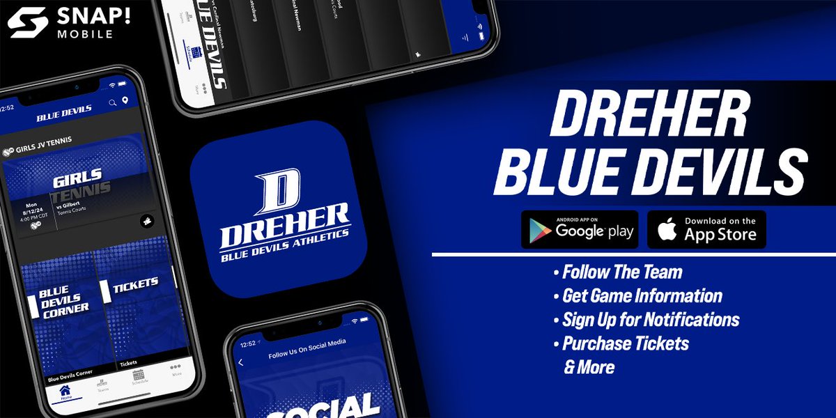 ITS OFFICIAL‼️ The new Dreher Blue Devil Athletics app is LIVE NOW! This app will be a great addition to our Athletics department- You can purchase tickets to athletic events, Follow the Teams, and much more!🔥💙🏆