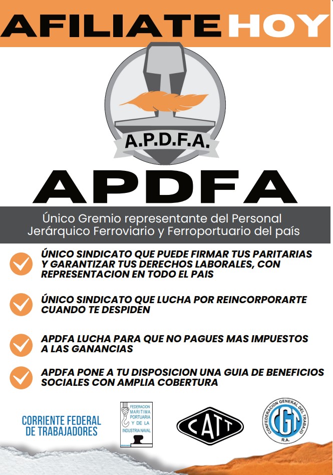 apdfanacional's tweet photo. AFILIATE HOY A APDFA

APDFA es el único Gremio representante del Personal Jerarquico Ferroviario y Ferroportuario del Pais.
- Solo nosotros te representamos en paritarias.
- Como quedo demostrado, solo nosotros hemos reincorporado compañeros despedidos.

@ApdfaAdrian 
@JApdfa https://t.co/aWNiIYZbEg