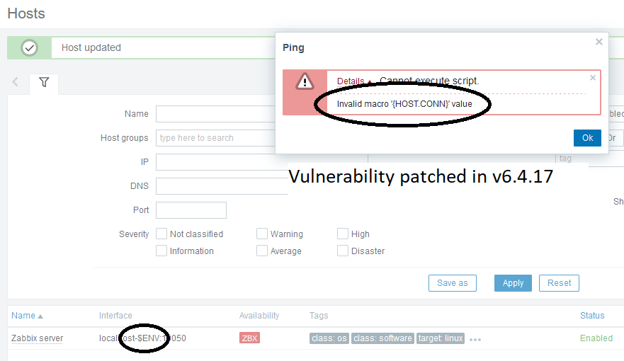 Zabbix Server CVE-2024-22116 PoC : You can change the hostname name with environment variables and leak them with the ping script error message. You can leak database credentials, thus creating or change full admin users by connecting directly to it afterward.
