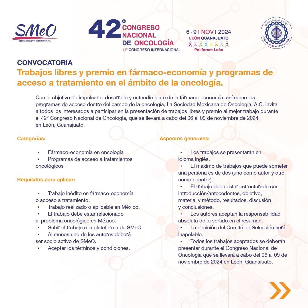SMEOMX's tweet photo. 🔔 Últimos días para participar en la convocatoria.
Cierre: 17 de agosto de 2024, 23:59 hrs.
⚠️¡No se otorgará prórroga!⚠️
- Subir el trabajo a la plataforma: https://t.co/DUTOdv06Qb
#trabajoslibres #convocatoria #farmacoeconomia
#programasdeacceso #investigaciónoncológica https://t.co/FuKKX2EJWU