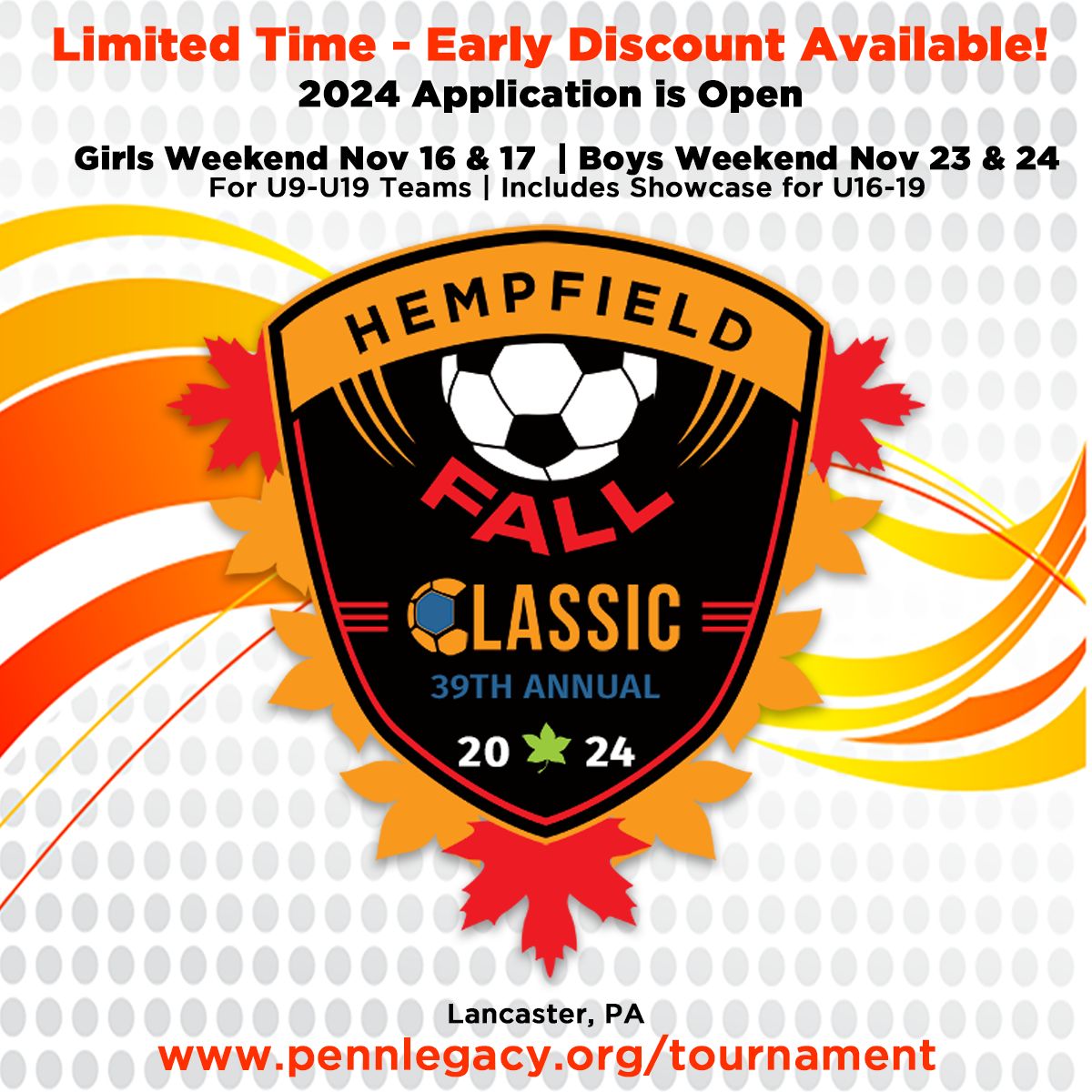 FallClassicNews's tweet photo. Lancaster, PA - U9 to U19 with College Showcase for U16-19. Apply now to receive the early discount   https://t.co/PpA7xqEB1K https://t.co/eTYnvN0wD8