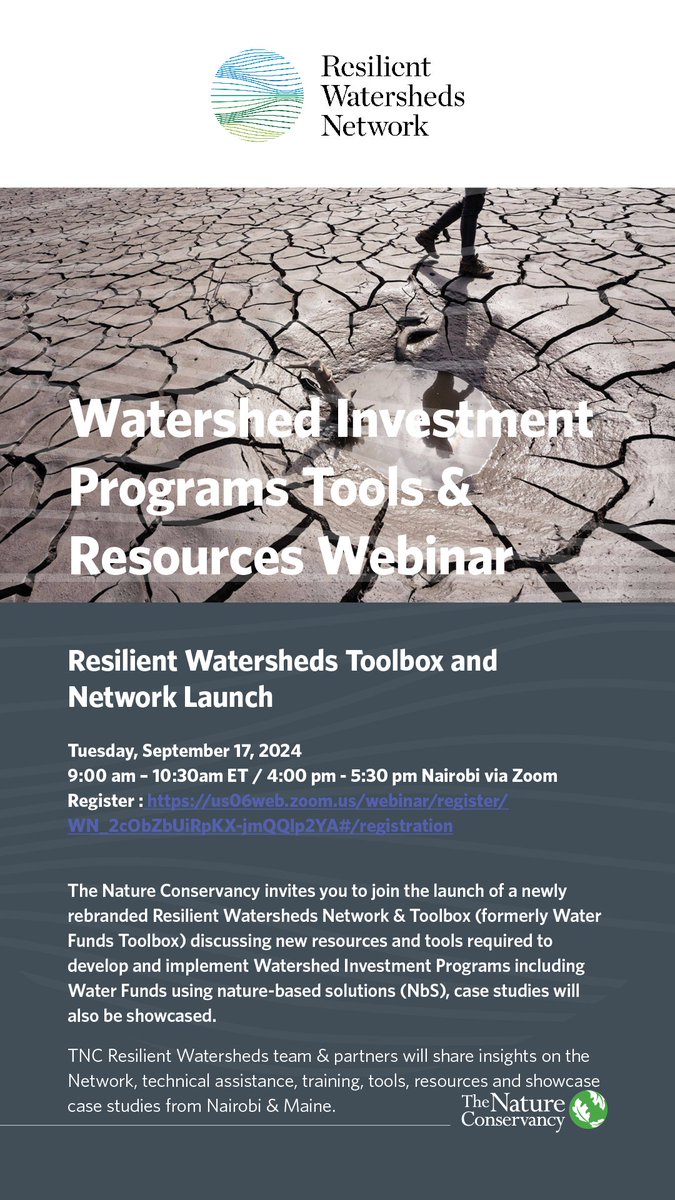 water_funds's tweet photo. @nature_org  invites you to join the launch of a newly rebranded Resilient Watersheds Network &amp; Toolbox  discussing new resources and tools required to develop and implement Watershed Investment Programs including Water Funds using NbS🌿.  Register now: https://t.co/B9ucVu9RMq https://t.co/Bq4m0xSMyC